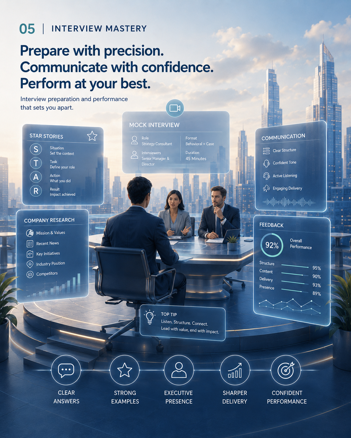 Interview Mastery visual showing mock interview preparation, communication and feedback