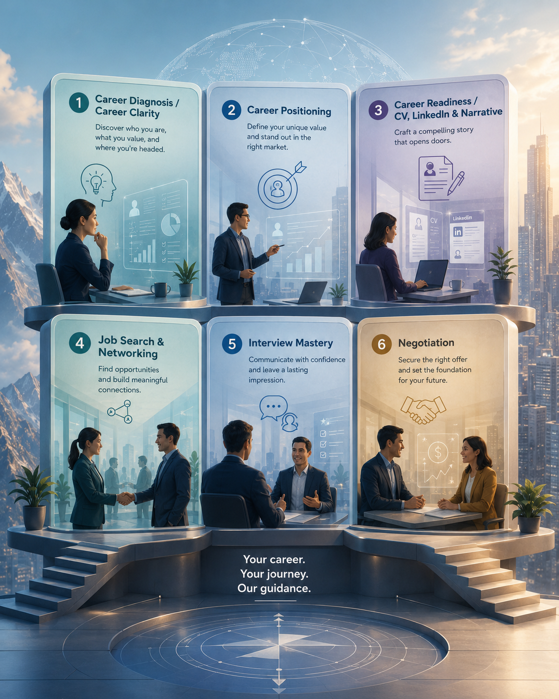 Career OS™ six-step framework overview showing all six guidebook stages in one visual