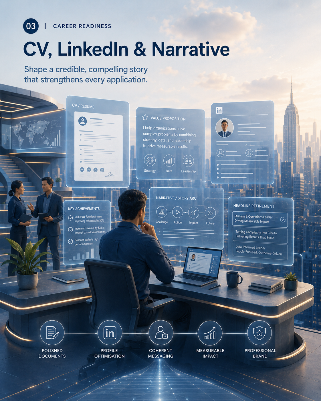 Career Readiness visual showing CV, LinkedIn and narrative development