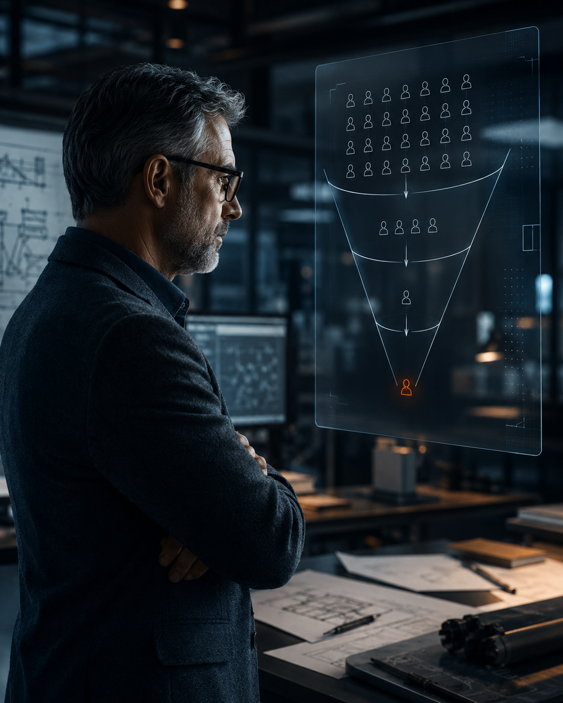 Engineering leader reviewing a team and delivery funnel — designing the system behind the role