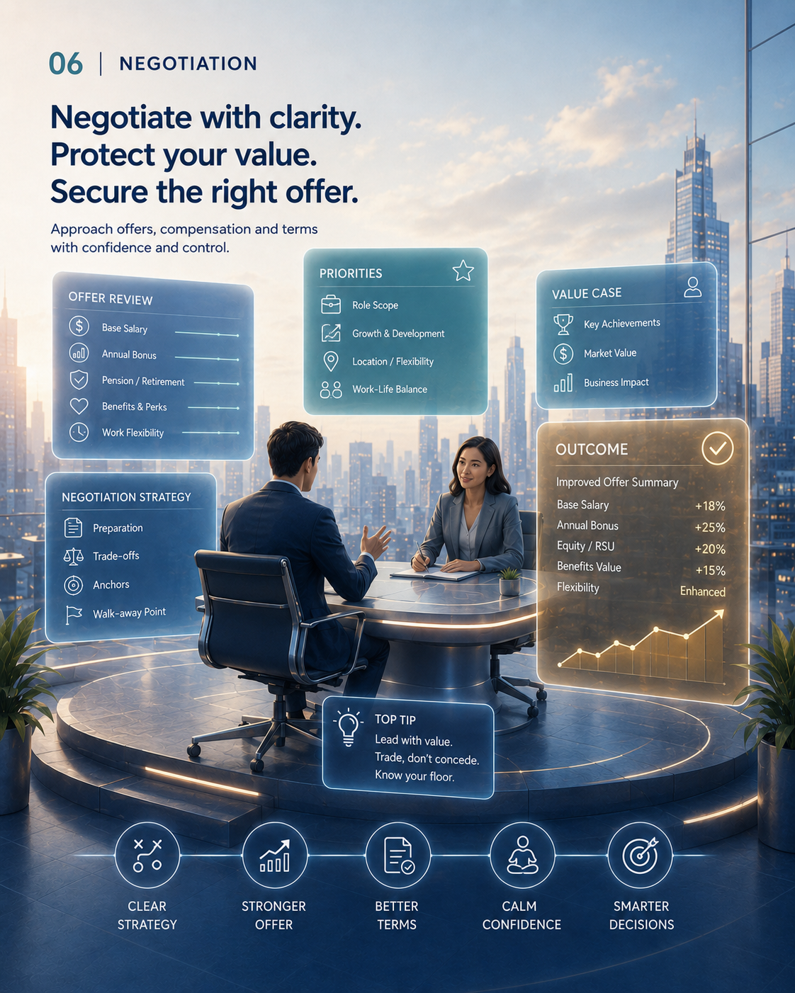 Negotiation visual showing offer review, priorities, value case and outcome planning