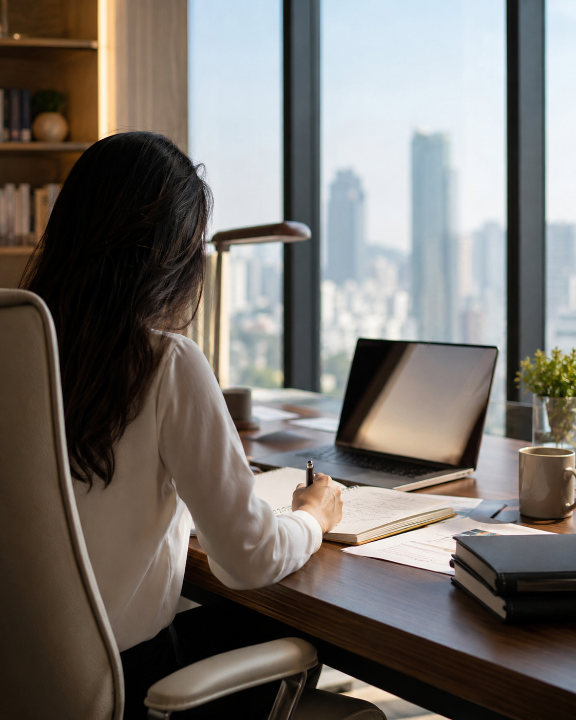 Professional working through career clarity notes at a desk by a city window.