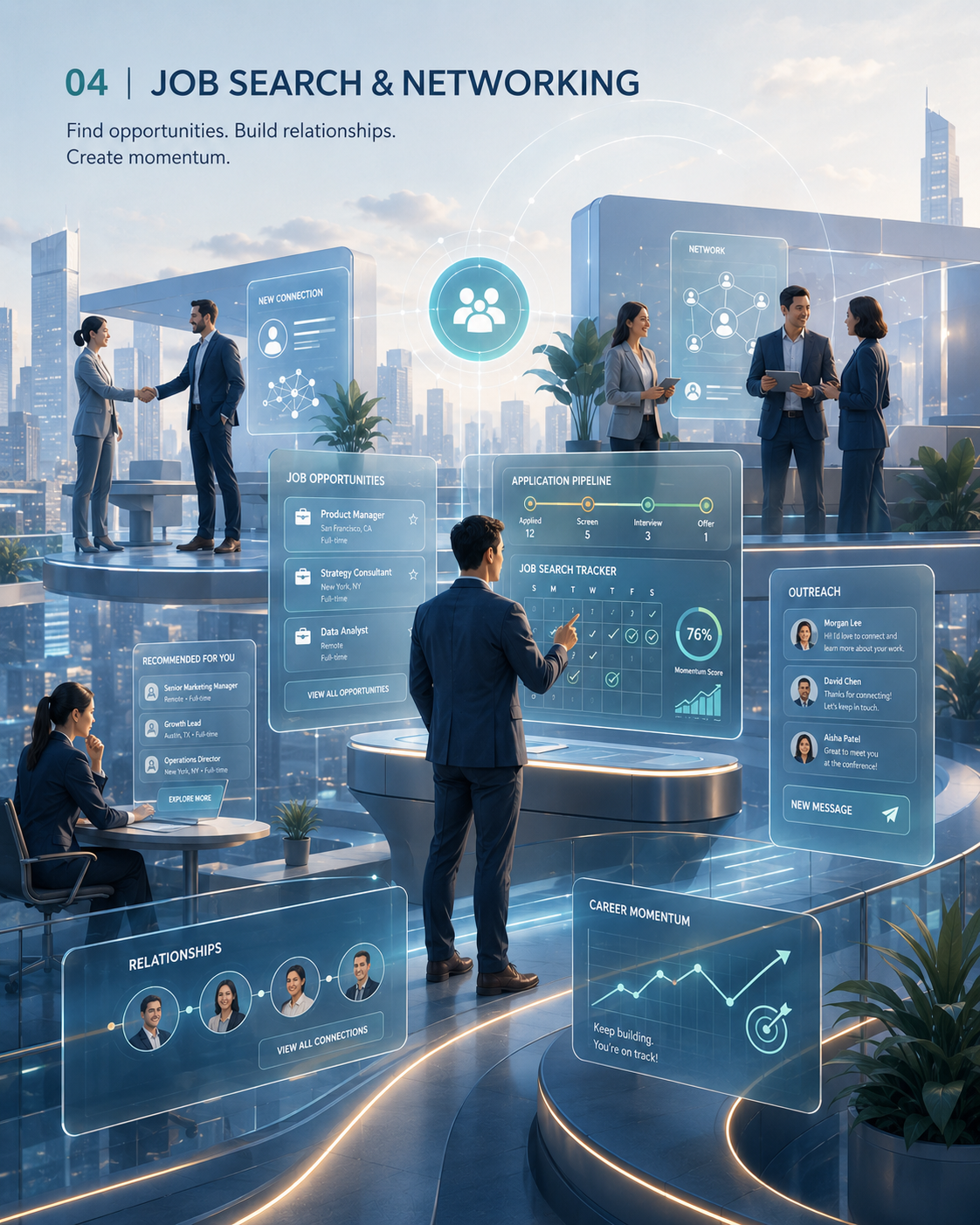 Job Search and Networking visual showing outreach, relationships and opportunity pipeline tracking