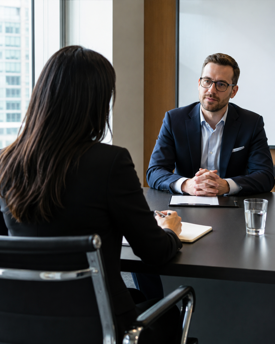 Interview-style meeting across a table in a professional office setting.